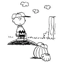 Dibujo de Snoopy con Charlie Brown sobre un montículo de béisbol para colorear