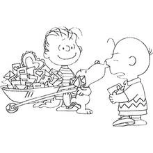 Dibujo de Snoopy entregando cartas de San Valentín con Linus y Charlie Brown para colorear