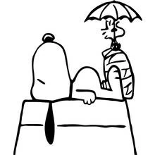 Dibujo de Snoopy tumbado sobre su caseta con Woodstock bajo un paraguas para colorear