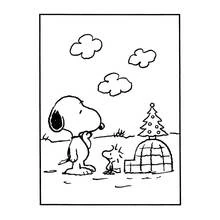 Dibujo de Snoopy y Woodstock junto a un iglú para colorear