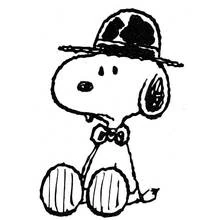 Dibujo de Snoopy sentado con sombrero y pajarita para colorear