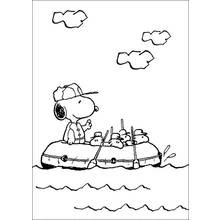 Dibujo de Snoopy navegando en una balsa con los pajaritos para colorear