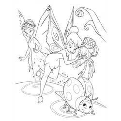 Dibujo de Tinker Bell corriendo con un hada amiga y una mariquita para colorear