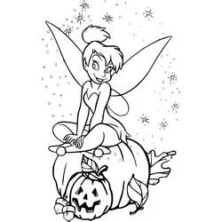 Dibujo de Tinker Bell sentada sobre una calabaza de Halloween para colorear