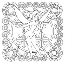 Dibujo de Tinker Bell bailando sobre un fondo de mandala para colorear