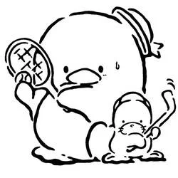 Dibujo de Tuxedo Sam con un abanico junto a una foca pequeña para colorear