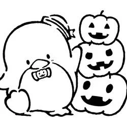 Dibujo de Tuxedo Sam junto a una pila de calabazas para colorear