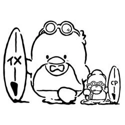 Dibujo de Tuxedo Sam con un amigo y tablas de surf para colorear