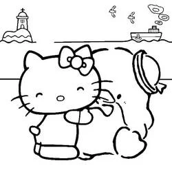 Dibujo de Tuxedo Sam con Hello Kitty a orillas del mar para colorear