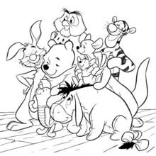 Dibujo de Winnie Pooh rodeado de todos sus amigos para colorear