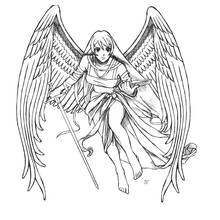 Dibujo de Ángel guerrero con espada y grandes alas para colorear
