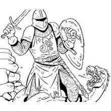 Dibujo de Caballero luchando contra un dragón con espada para colorear