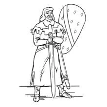 Dibujo de Caballero sosteniendo espada y escudo para colorear