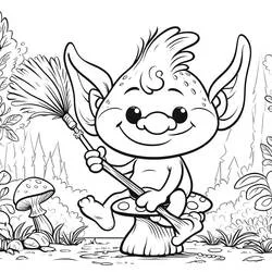 Dibujo de Duende cabalgando un hongo con una escoba para colorear
