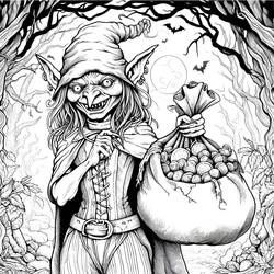 Dibujo de Duende sosteniendo un saco de oro en el bosque para colorear