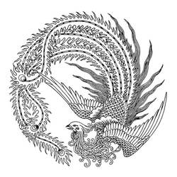 Dibujo de Fénix enroscado en un patrón circular para colorear