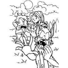 Dibujo de Hombre lobo aullando con dos niños para colorear