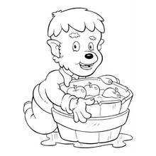 Dibujo de Hombre lobo con un barril lleno de manzanas para colorear