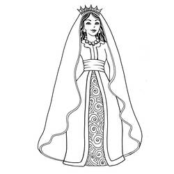 Dibujo de Reina de pie con vestido real y espirales para colorear