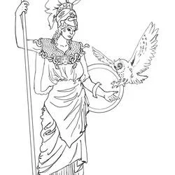 Dibujo de Atenea con su lechuza y su escudo para colorear
