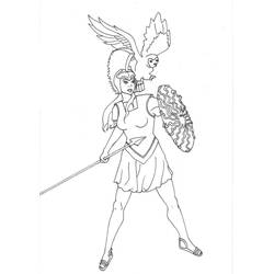 Dibujo de Atenea de pie con lanza, escudo y lechuza para colorear