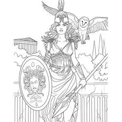 Dibujo de Atenea con su lechuza, escudo y lanza para colorear