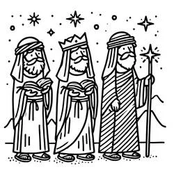 Dibujo de Los Reyes Magos con sus ofrendas bajo un cielo estrellado para colorear Dibujo de Los Reyes Magos con sus ofrendas bajo un cielo estrellado para colorear