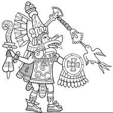 Dibujo de Dios azteca guerrero con colibrí y escudo para colorear