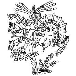 Dibujo de Deidad azteca con tocado de plumas y múltiples brazos para colorear