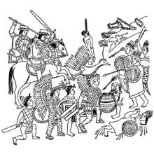 Dibujo de Guerreros aztecas y conquistadores españoles en batalla para colorear