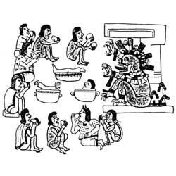 Dibujo de Figuras aztecas y deidad serpiente estilo códice para colorear