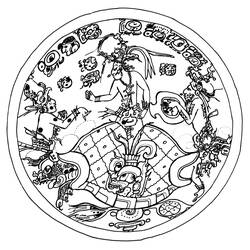 Dibujo de Mitología Azteca escena circular con tortuga para colorear