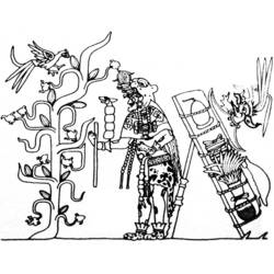 Dibujo de Dios mercader azteca con armazón de carga y árbol sagrado para colorear