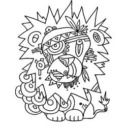 Dibujo de Máscara de dios azteca con rayos y patrones geométricos para colorear