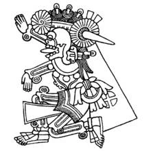 Dibujo de Dios azteca con atuendo ceremonial de plumas para colorear