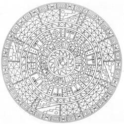 Dibujo de Mandala azteca con patrones simbólicos concéntricos para colorear