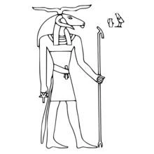 Dibujo de Dios egipcio con cabeza de animal sosteniendo un bastón para colorear