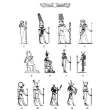 Dibujo de Galería de dioses egipcios con cetros y coronas para colorear
