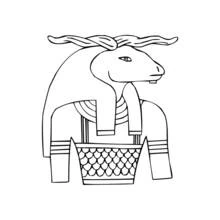Dibujo de Khnum con cabeza de carnero y largos cuernos curvados para colorear