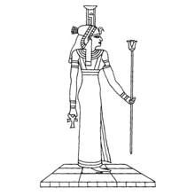 Dibujo de Nefertis de pie con ankh y bastón de loto para colorear