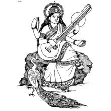 Dibujo de Saraswati tocando la vina junto a su pavo real para colorear