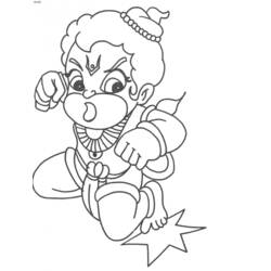 Dibujo de Hanuman bebé volando con el puño en alto para colorear