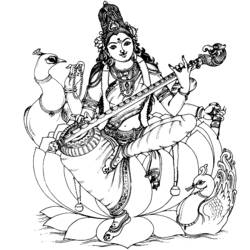 Dibujo de Sarasvati tocando el vina sobre un loto para colorear
