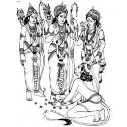 Dibujo de Hanuman postrado ante Rama, Lakshmana y Sita para colorear