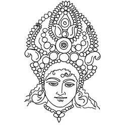 Dibujo de Maa Durga con rostro sereno y tocado ornamentado para colorear