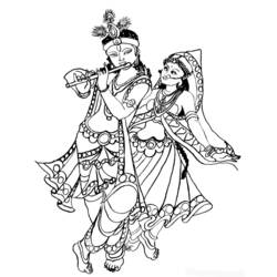 Dibujo de Krishna tocando la flauta junto a Radha para colorear
