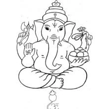 Dibujo de Ganesh sentado con cuatro brazos y ofrendas para colorear