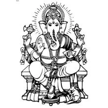 Dibujo de Ganesh sentado en un trono con su ratón para colorear