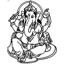 Dibujo de Ganesh sentado con sus cuatro brazos alzados para colorear