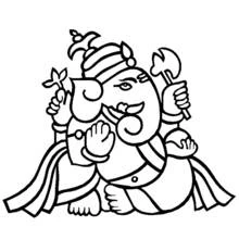 Dibujo de Ganesh con cuatro brazos y tocado tradicional para colorear